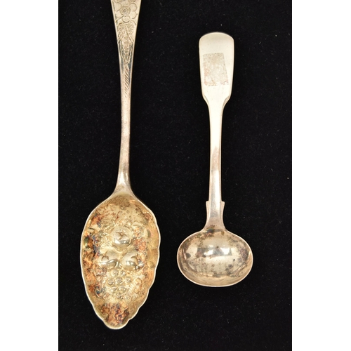 130 - THREE SILVER SAUCE SPOONS, A BERRY SPOON AND A  CURB LINK BRACELET, to include a Victorian fiddle pa... 