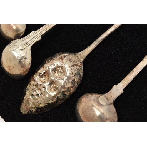 130 - THREE SILVER SAUCE SPOONS, A BERRY SPOON AND A  CURB LINK BRACELET, to include a Victorian fiddle pa... 