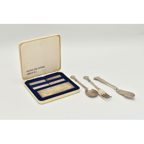 132 - THE BRISTISH HALLMARK ASSAY OFFICE SPECIMEN SET' AND THREE PIECES OF SILVER CUTLERY, cased set inclu... 