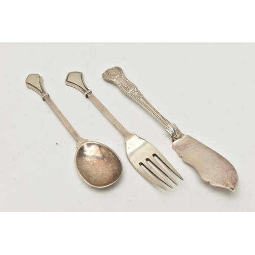 132 - THE BRISTISH HALLMARK ASSAY OFFICE SPECIMEN SET' AND THREE PIECES OF SILVER CUTLERY, cased set inclu... 