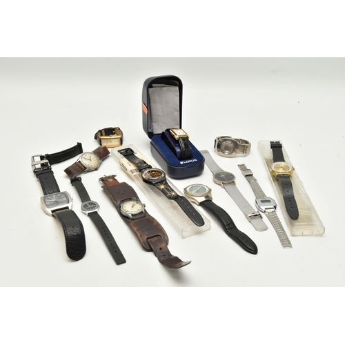 141 - AN ASSORTMENT OF WRISTWATCHES, to include two boxed 'Swatch' quartz watches, a gents manual wind 'Ac... 