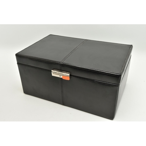 143 - A BLACK LEATHER 'DULWICH DESIGNS' JEWELLERY BOX WITH COSTUME JEWELLERY, large black rectangular jewe... 