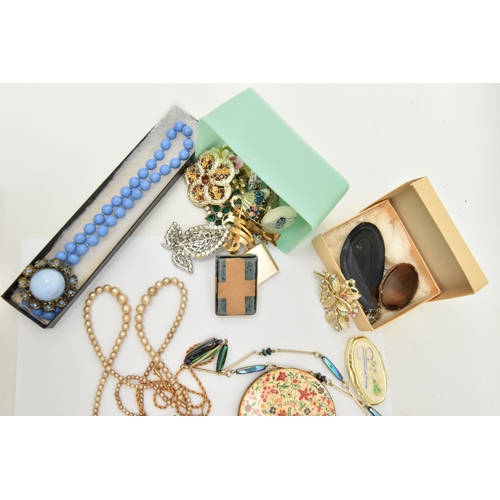 144 - A BOX OF ASSORTED JEWELLERY AND ITEMS, to include 'Stratton' compacts, brooches including an RAF swe... 