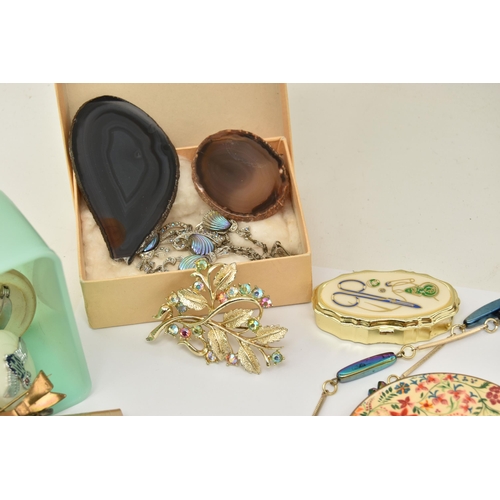 144 - A BOX OF ASSORTED JEWELLERY AND ITEMS, to include 'Stratton' compacts, brooches including an RAF swe... 