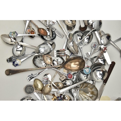 150 - A BOX OF MAINLY COLLECTABLE TEASPOONS, large variety of collectable spoons, a silver plate stand wit... 