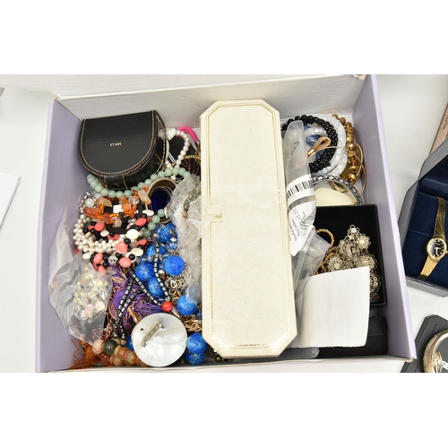 151 - A BOX OF ASSORTED COSTUME JEWELLERY AND ITEMS, to include semi-precious gemstone jewellery including... 