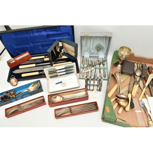 153 - A BOX OF ASSORTED ITEMS, to include an EPNS cased christening set, a toast rack a carving set with a... 