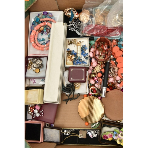 154 - A BOX OF ASSORTED COSTUME JEWELLERY AND ITEMS, to include a dyed agate beaded necklace, a coral bead... 