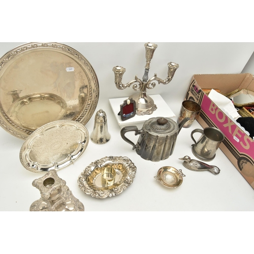 159 - A BOX OF ASSORTED ITEMS AND WHITE METAL WARE, to include three white metal childrens christening ban... 