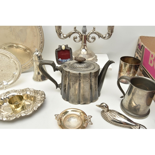 159 - A BOX OF ASSORTED ITEMS AND WHITE METAL WARE, to include three white metal childrens christening ban... 