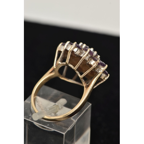 175 - A 9CT YELLOW GOLD AMETHYST RING AND A BACK AND FRONT LOCKET, the ring designed as a hexagonal shape ... 