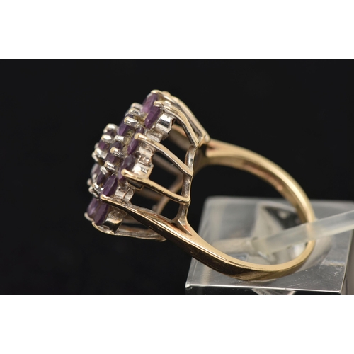 175 - A 9CT YELLOW GOLD AMETHYST RING AND A BACK AND FRONT LOCKET, the ring designed as a hexagonal shape ... 