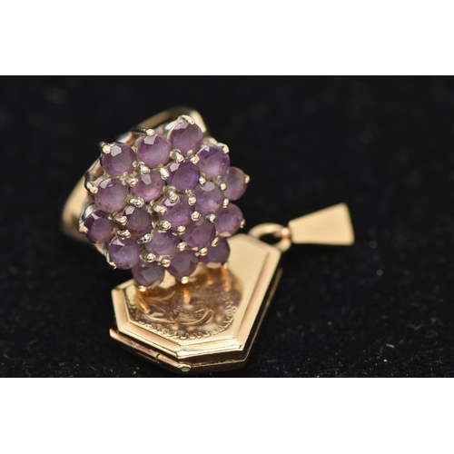 175 - A 9CT YELLOW GOLD AMETHYST RING AND A BACK AND FRONT LOCKET, the ring designed as a hexagonal shape ... 