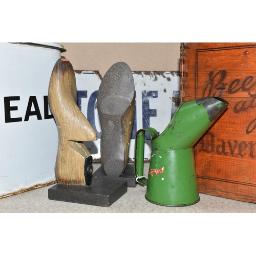 303 - SIX ADVERTISING ITEMS AND SIMILAR, to include a pair of reproduction shoe last bookends, a green Cas... 