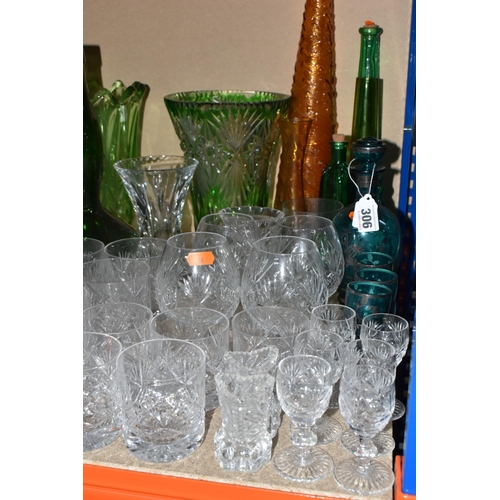 306 - A LARGE GROUP OF ASSORTED CLEAR AND COLOURED GLASSWARE to include a quantity of Royal Doulton whisky... 