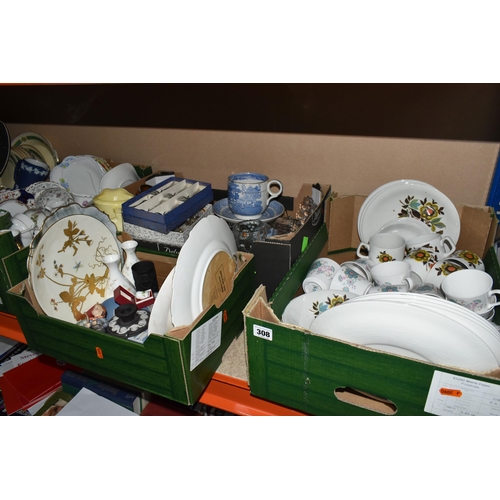 308 - FIVE BOXES OF MIXED CERAMICS AND GLASSWARE to include a Royal Crown Derby Imari 2451 plate, a yellow... 