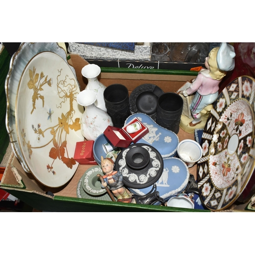 308 - FIVE BOXES OF MIXED CERAMICS AND GLASSWARE to include a Royal Crown Derby Imari 2451 plate, a yellow... 