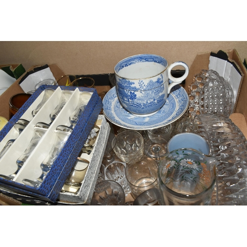 308 - FIVE BOXES OF MIXED CERAMICS AND GLASSWARE to include a Royal Crown Derby Imari 2451 plate, a yellow... 