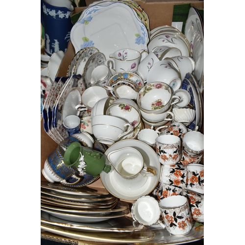 308 - FIVE BOXES OF MIXED CERAMICS AND GLASSWARE to include a Royal Crown Derby Imari 2451 plate, a yellow... 