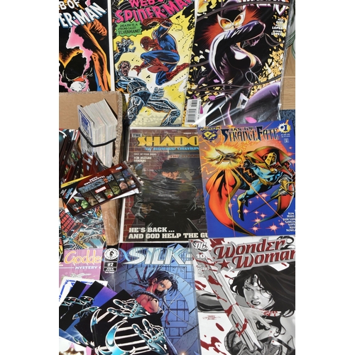 319 - A BOX OF MARVEL AND DC TRADING CARDS AND COMICS, comics include Web Of Spider-Man Nos. 38, 45, 50-54... 