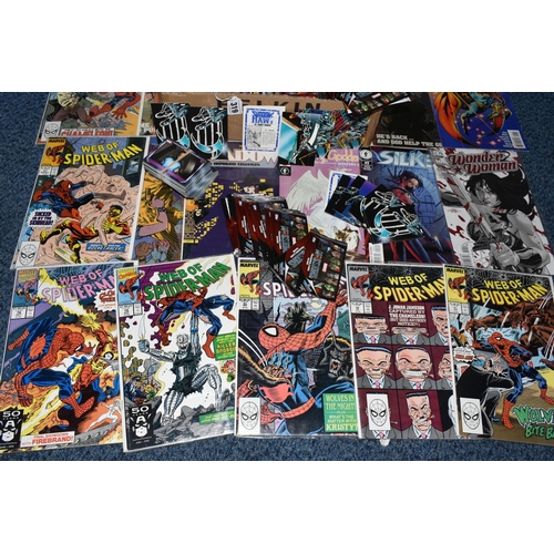 319 - A BOX OF MARVEL AND DC TRADING CARDS AND COMICS, comics include Web Of Spider-Man Nos. 38, 45, 50-54... 