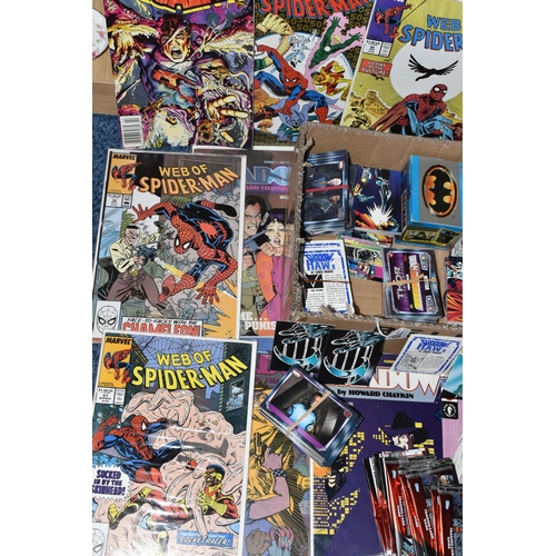 319 - A BOX OF MARVEL AND DC TRADING CARDS AND COMICS, comics include Web Of Spider-Man Nos. 38, 45, 50-54... 