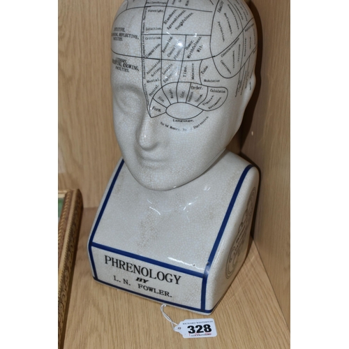 328 - A PORCELAIN PHRENOLOGY BUST, after L.N. Fowler, with crackle glaze finish, height 28cm, together wit... 