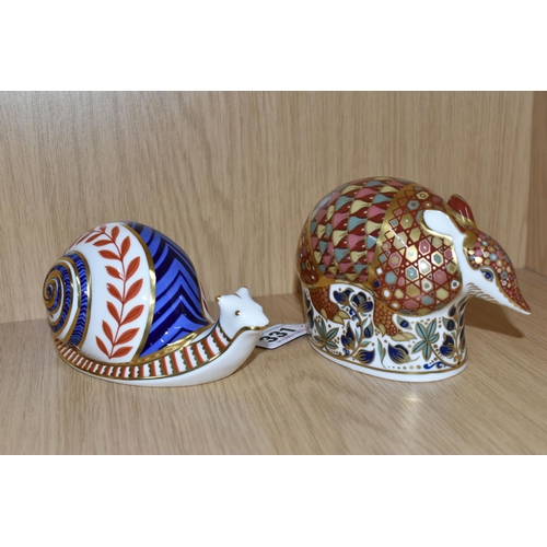 331 - TWO ROYAL CROWN DERBY PAPERWEIGHTS, comprising 'Armadillo', gold stopper and 'Snail', gold stopper (... 