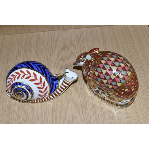 331 - TWO ROYAL CROWN DERBY PAPERWEIGHTS, comprising 'Armadillo', gold stopper and 'Snail', gold stopper (... 