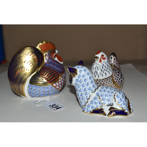 334 - THREE ROYAL CROWN DERBY PAPERWEIGHTS, comprising 'Cockerel' and 'Lamb', both have gold stoppers and ... 