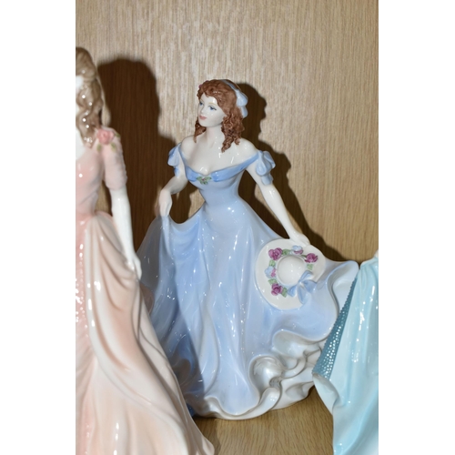 338 - FIVE COALPORT LADIES OF FASHION FIGURINES, comprising boxed Marion (tiny loss to one petal/leaf), Ja... 