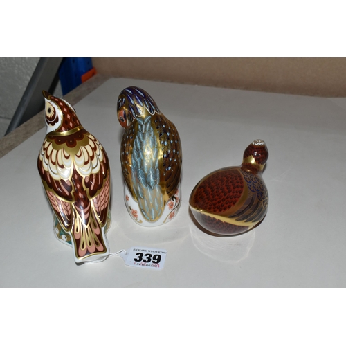 339 - THREE ROYAL CROWN DERBY PAPERWEIGHTS, comprising Christmas Mistle Thrush, exclusive to Goviers of Si... 