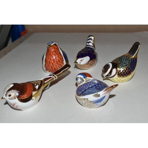 341 - FIVE ROYAL CROWN DERBY BIRD PAPERWEIGHTS, comprising Long Tailed Tit, Goldcrest, Robin, Wren and Blu... 