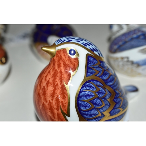 341 - FIVE ROYAL CROWN DERBY BIRD PAPERWEIGHTS, comprising Long Tailed Tit, Goldcrest, Robin, Wren and Blu... 