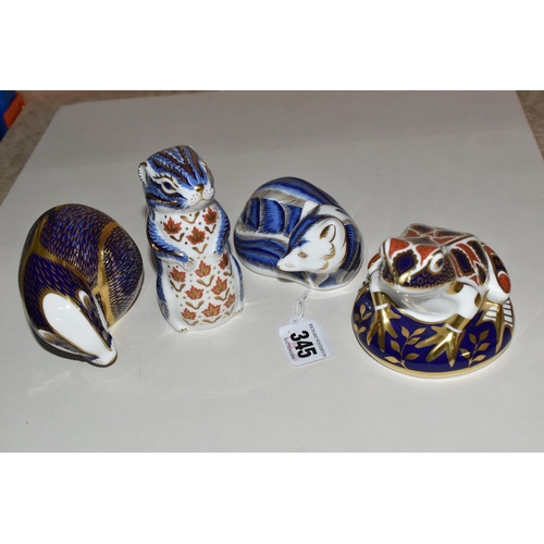 345 - FOUR ROYAL CROWN DERBY PAPERWEIGHTS, comprising Badger (silver stopper, small hairline/crazing line ... 