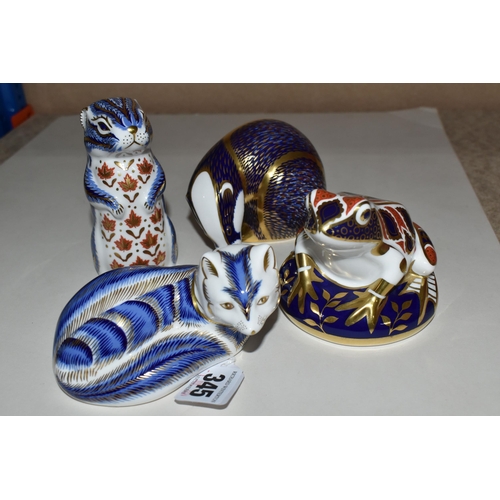 345 - FOUR ROYAL CROWN DERBY PAPERWEIGHTS, comprising Badger (silver stopper, small hairline/crazing line ... 