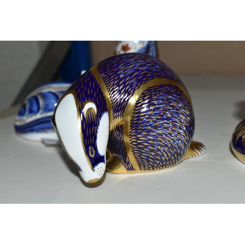 345 - FOUR ROYAL CROWN DERBY PAPERWEIGHTS, comprising Badger (silver stopper, small hairline/crazing line ... 