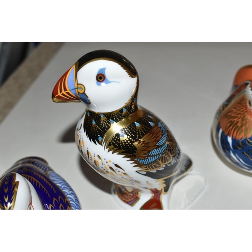 346 - THREE ROYAL CROWN DERBY BIRD PAPERWEIGHTS, comprising Puffin with gold stopper, Mandarin Duck with p... 