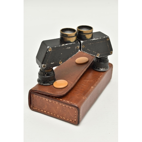 140A - A BROWN LEATHER CASED  PAIR OF BLACK LACQUERED 'THEATIS' 3 1/2X FOLDING OPERA GLASSES, no 5738, stam... 