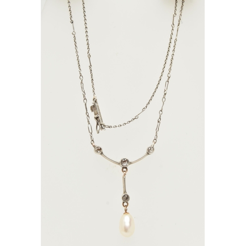 170A - A WHITE METAL DIAMOND AND PEARL PENDANT NECKLACE, cultured baroque pearl dropper, suspended from a p... 