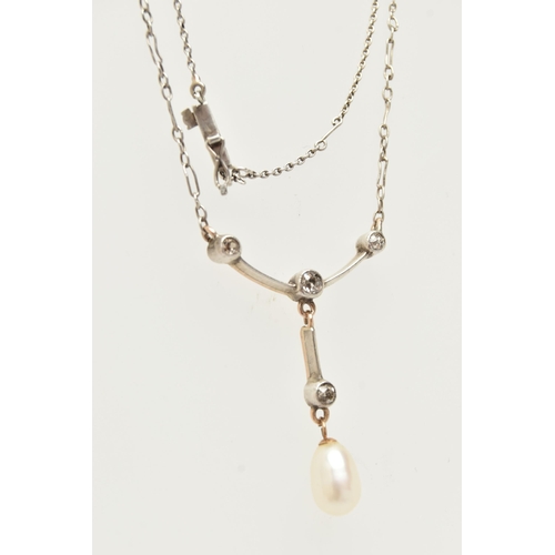 170A - A WHITE METAL DIAMOND AND PEARL PENDANT NECKLACE, cultured baroque pearl dropper, suspended from a p... 