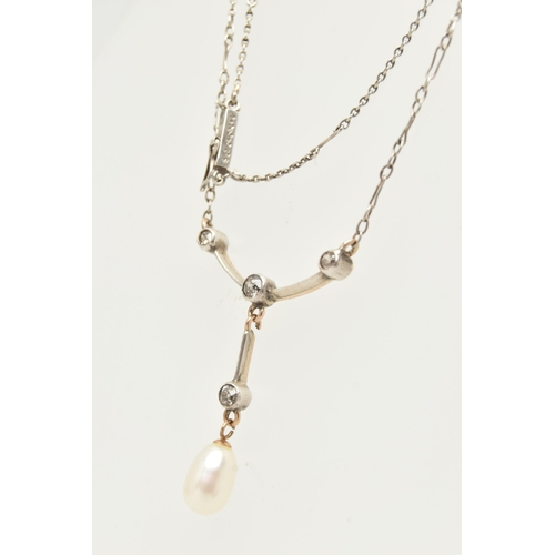 170A - A WHITE METAL DIAMOND AND PEARL PENDANT NECKLACE, cultured baroque pearl dropper, suspended from a p... 