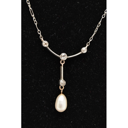 170A - A WHITE METAL DIAMOND AND PEARL PENDANT NECKLACE, cultured baroque pearl dropper, suspended from a p... 