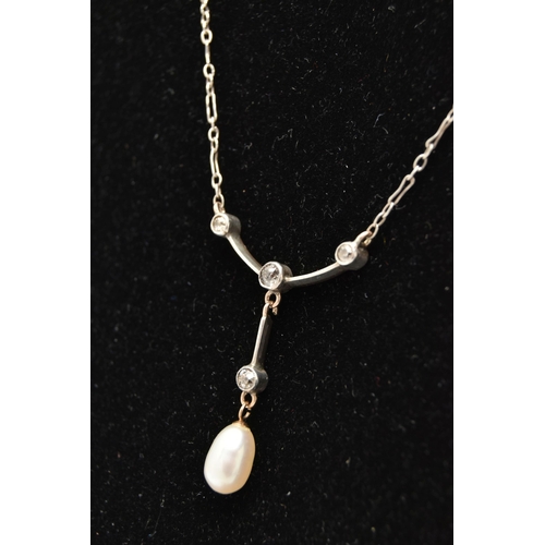 170A - A WHITE METAL DIAMOND AND PEARL PENDANT NECKLACE, cultured baroque pearl dropper, suspended from a p... 