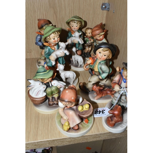 348 - TEN HUMMEL FIGURES, comprising Puppy Love 1, Chick Girl 57/0, Playmates 58/0, two x Shepherd's Boy 6... 