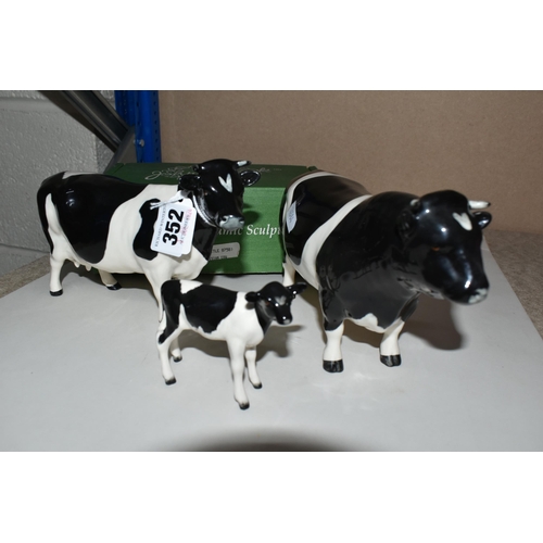 352 - THREE BESWICK FRIESIAN CATTLE FIGURES, comprising boxed Friesian Cow Ch. 'Claybury Leegwater' model ... 