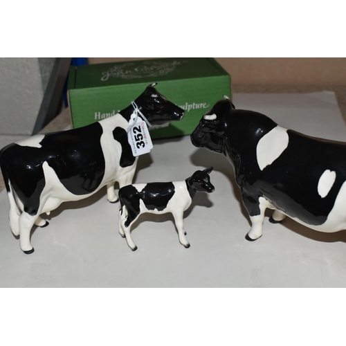 352 - THREE BESWICK FRIESIAN CATTLE FIGURES, comprising boxed Friesian Cow Ch. 'Claybury Leegwater' model ... 