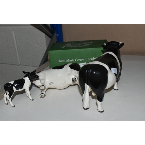 352 - THREE BESWICK FRIESIAN CATTLE FIGURES, comprising boxed Friesian Cow Ch. 'Claybury Leegwater' model ... 