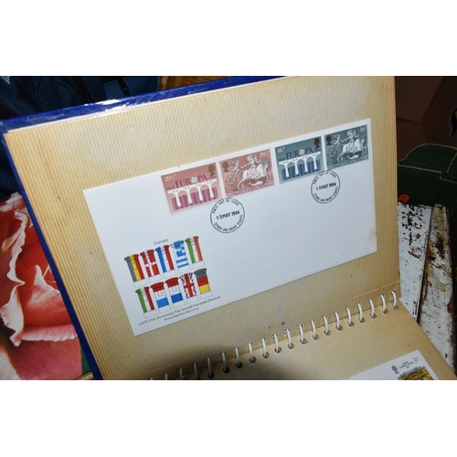 360 - THREE BOXES AND LOOSE MISCELLANEOUS SUNDRIES, to include a collection of Royal Mail first day covers... 