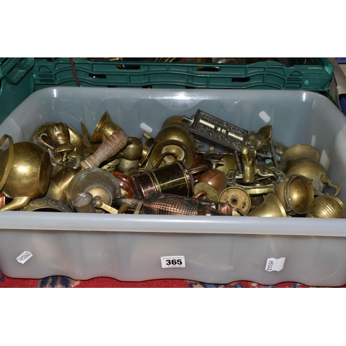 365 - FOUR BOXES OF BRASS AND METALWARE, to include copper planters, copper coal scuttle, brass bells and ... 